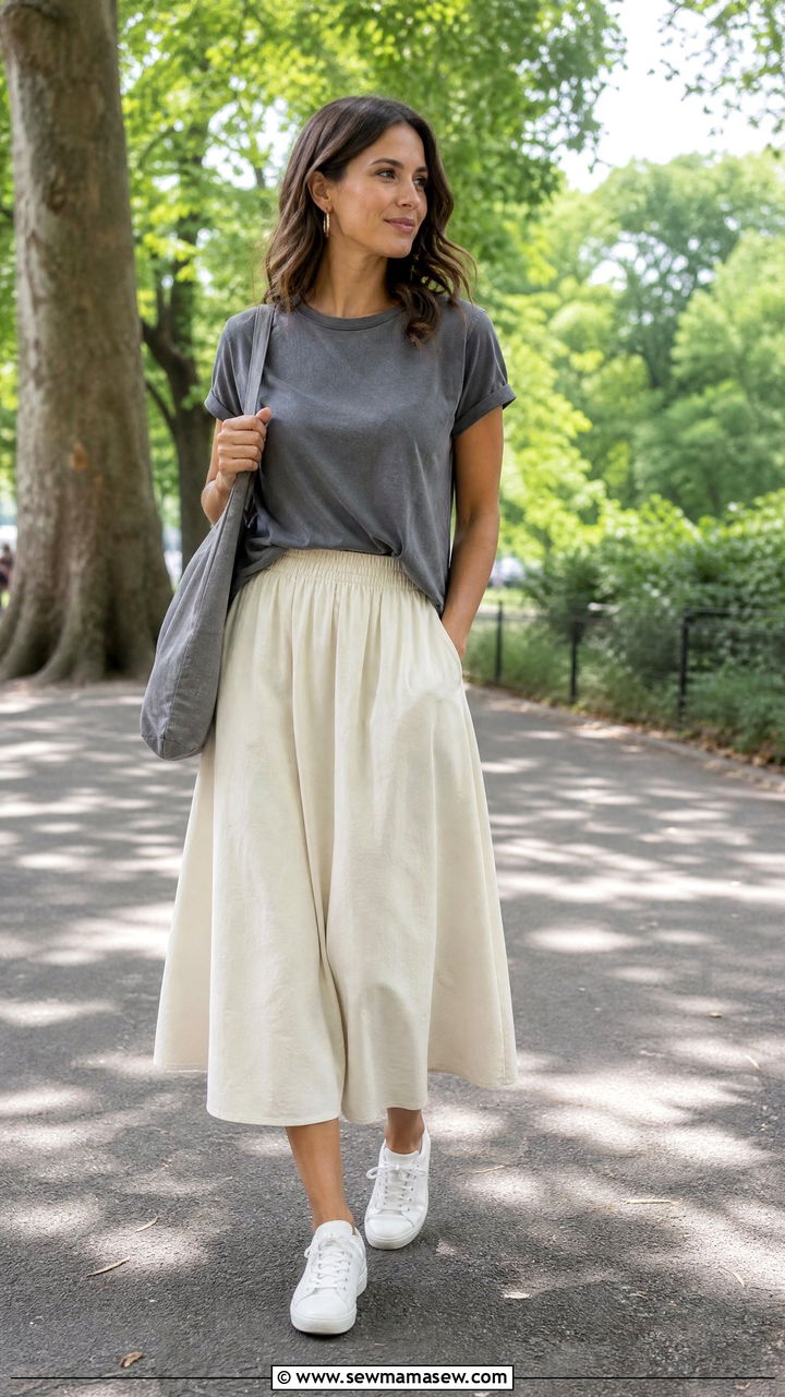 Cream cotton midi skirt and gray T shirt - 30 summer neutral outfit ideas