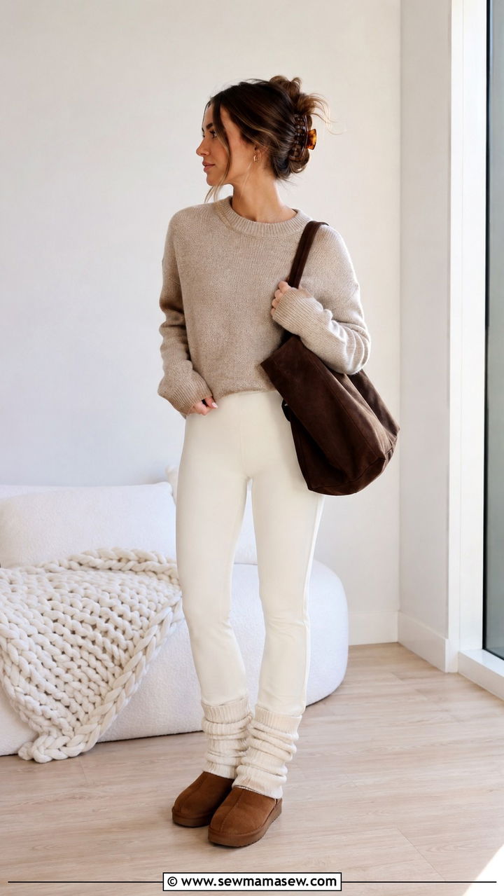 Cream flared leggings Pilates outfit with a tan sweater and Ugg boots - 25 Pilates outfit ideas with flared leggings