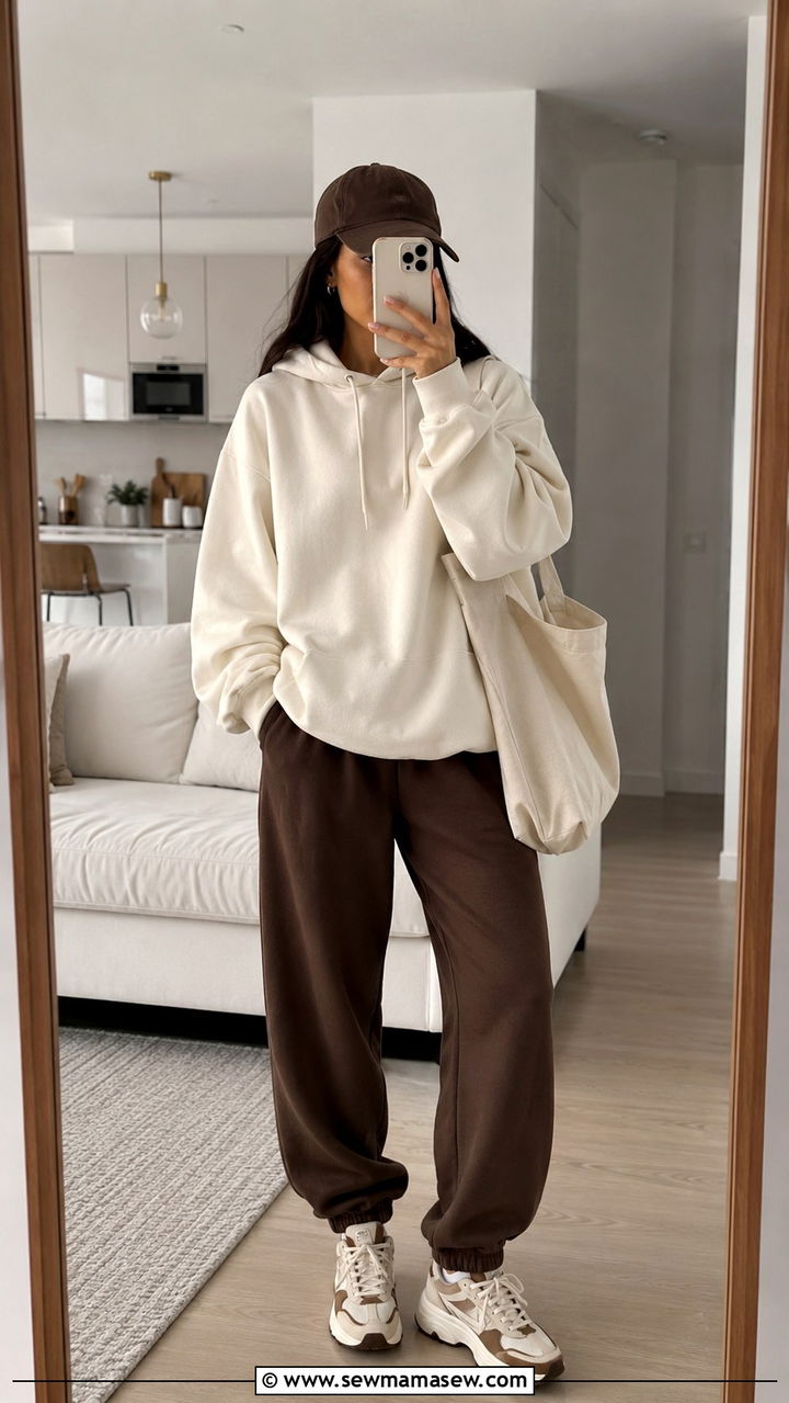 Cream hoodie with brown joggers outfit - 30 Brown and cream outfit ideas