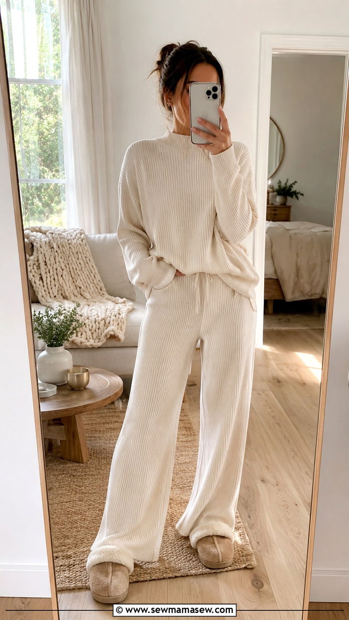 Cream knit co ord with shearling slippers - 30 Loungewear outfit ideas 2026