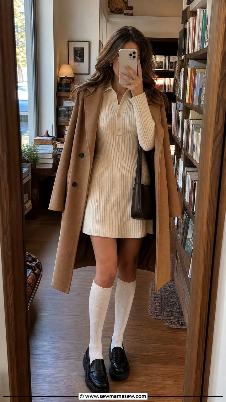 Cream knit dress and knee high socks with loafers - 25 Old money outfit ideas with loafers