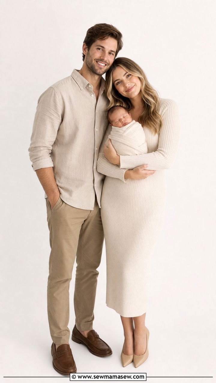 Cream knit dress for mom beige buttonup for dad newborn outfit - 25 Family photo outfit ideas with newborn