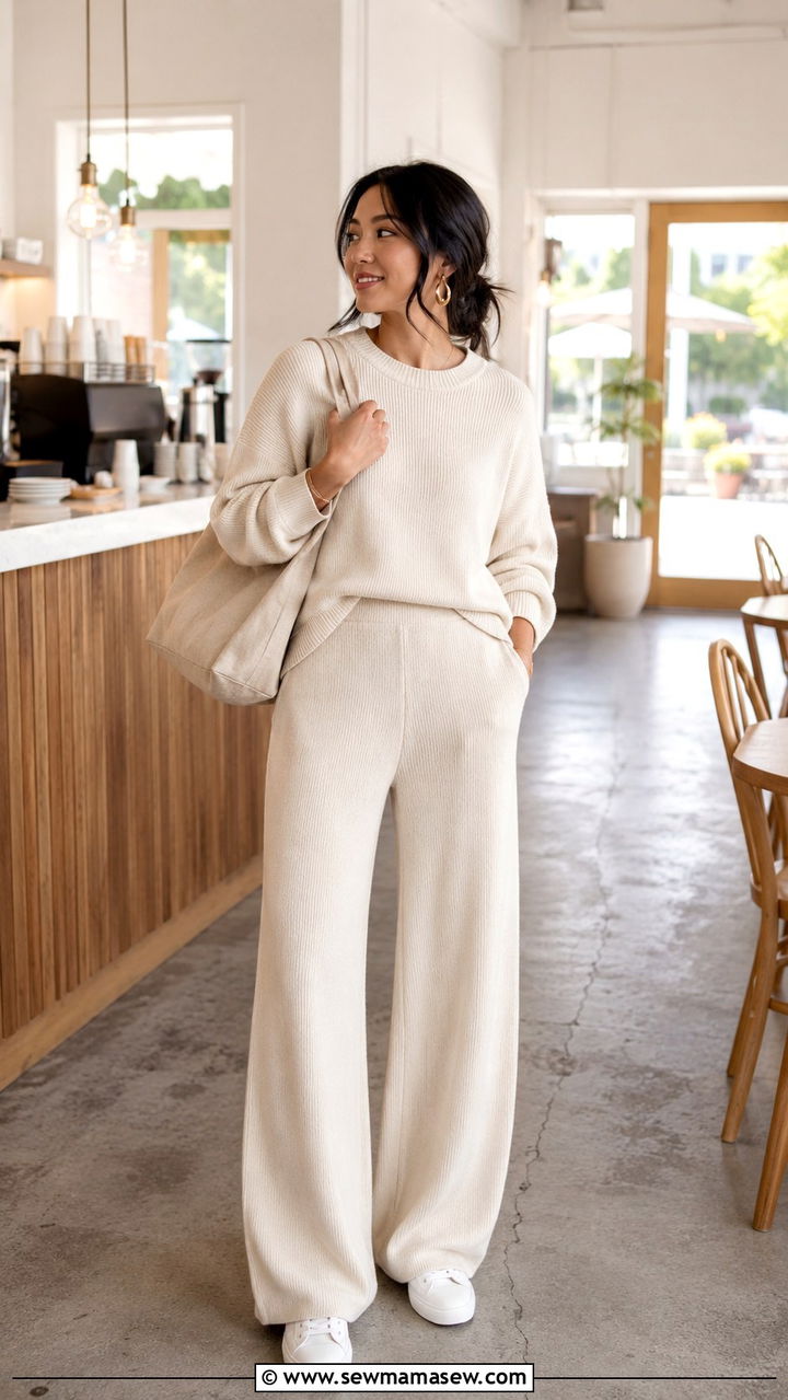 Cream knit lounge set with white sneakers - 25 Petite wide leg pants outfit ideas