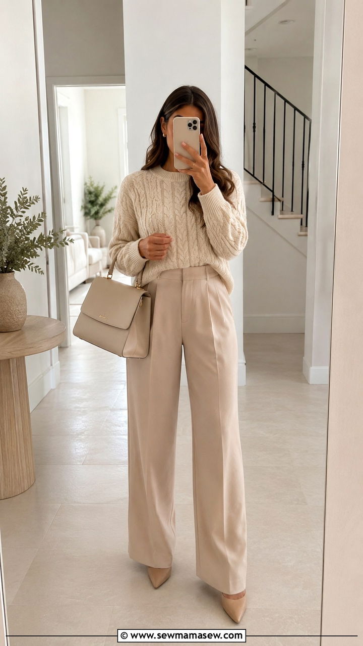 Cream knit sweater and beige trousers - 30 Monochromatic beige outfits