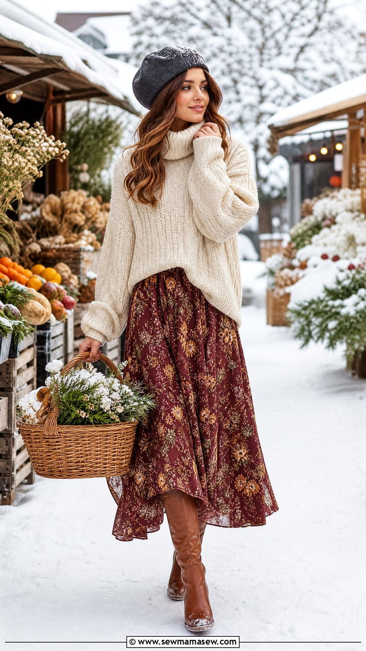 Cream knit sweater and floral maxi skirt - 25 classy cottagecore outfit ideas