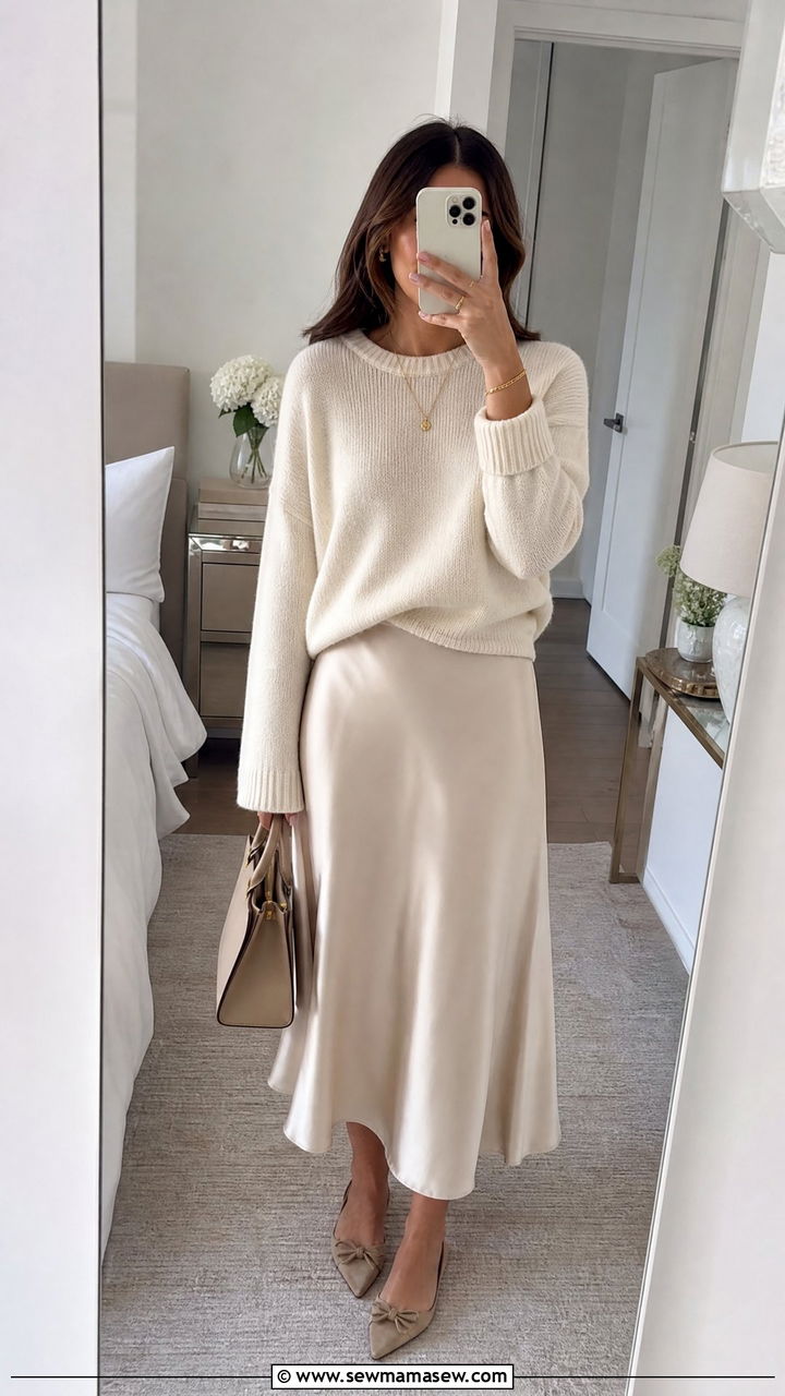 Cream knit sweater and satin midi skirt outfit - 25 Outfit ideas for women over 40 casual 2026