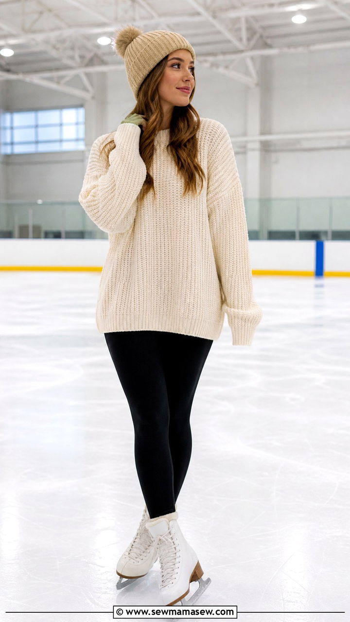 Cream knit sweater black leggings and beanie ice skating outfit - 40 Ice skating outfit ideas