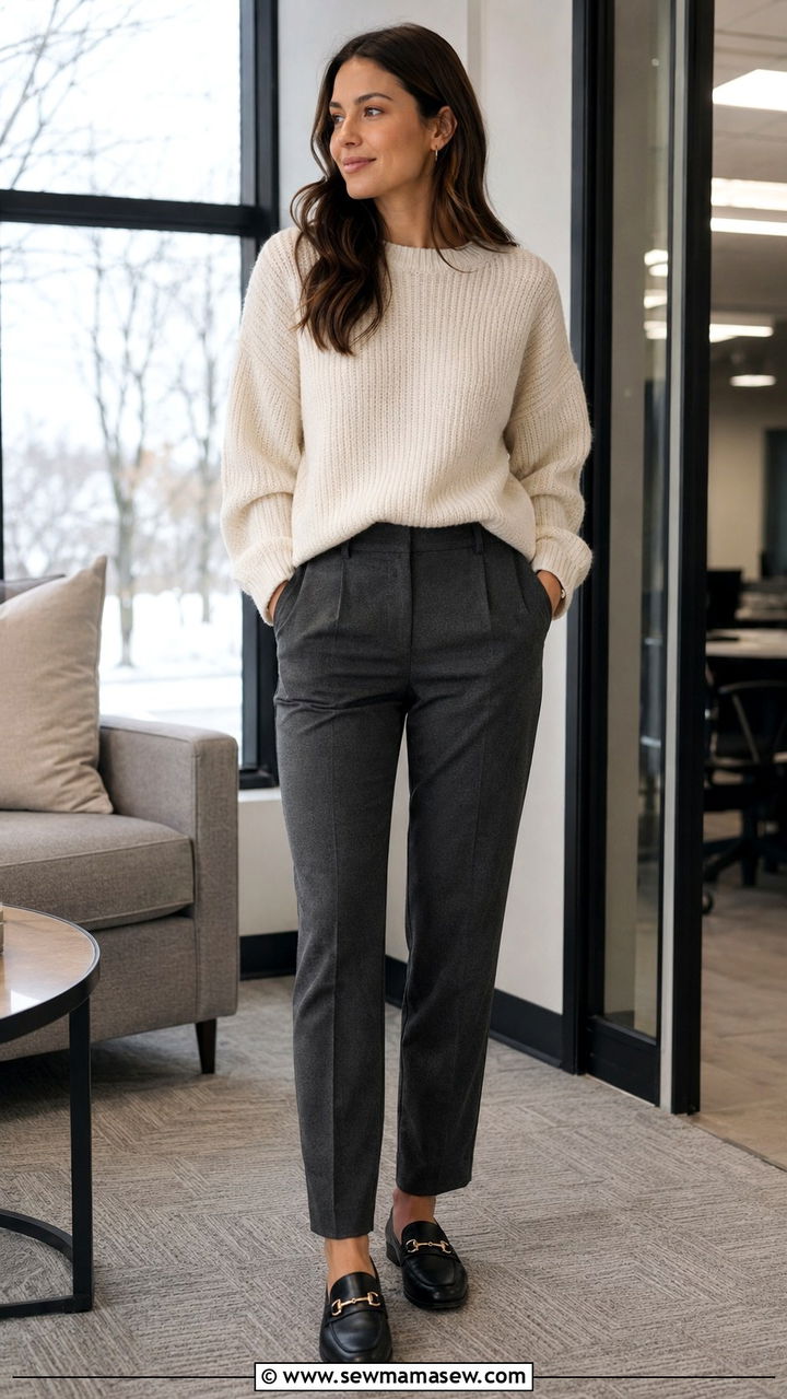 Cream knit sweater with charcoal grey pants and loafers - 25 Recruiter outfit ideas