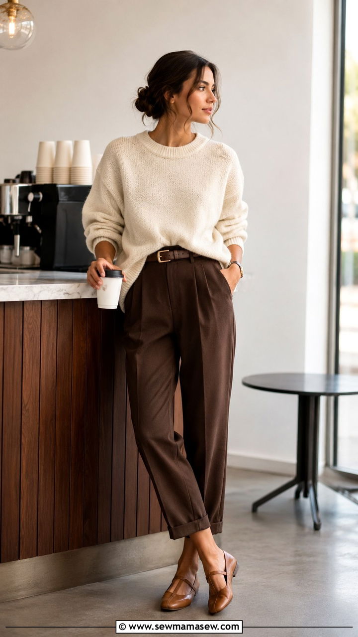 Cream knit sweater with chocolate brown tailored trousers - 25 Old money outfit ideas with Mary Jane flats