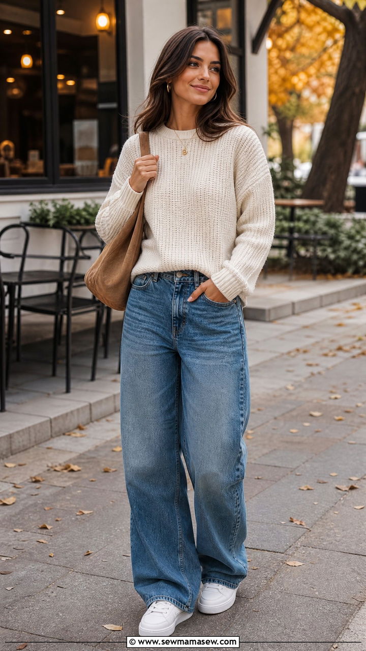 Cream knit sweater with relaxed baggy blue jeans - 30 Denim and white outfit ideas