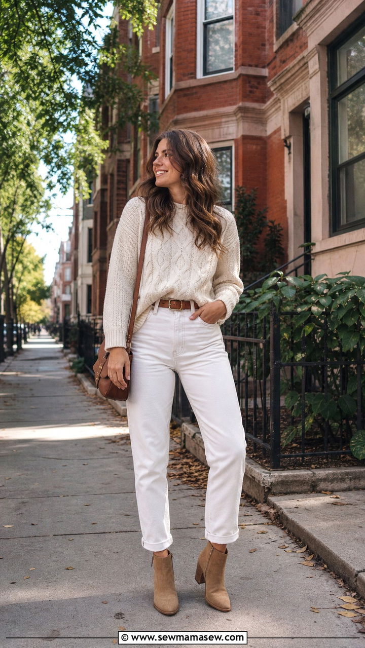 Cream knit sweater with white mom jeans - 40 What to wear in Chicago