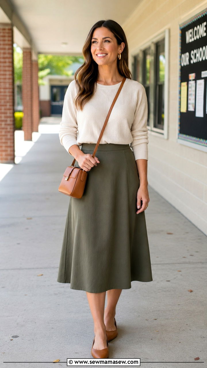 Cream knit top with olive A line skirt outfit - 30 Interview outfit ideas for teachers
