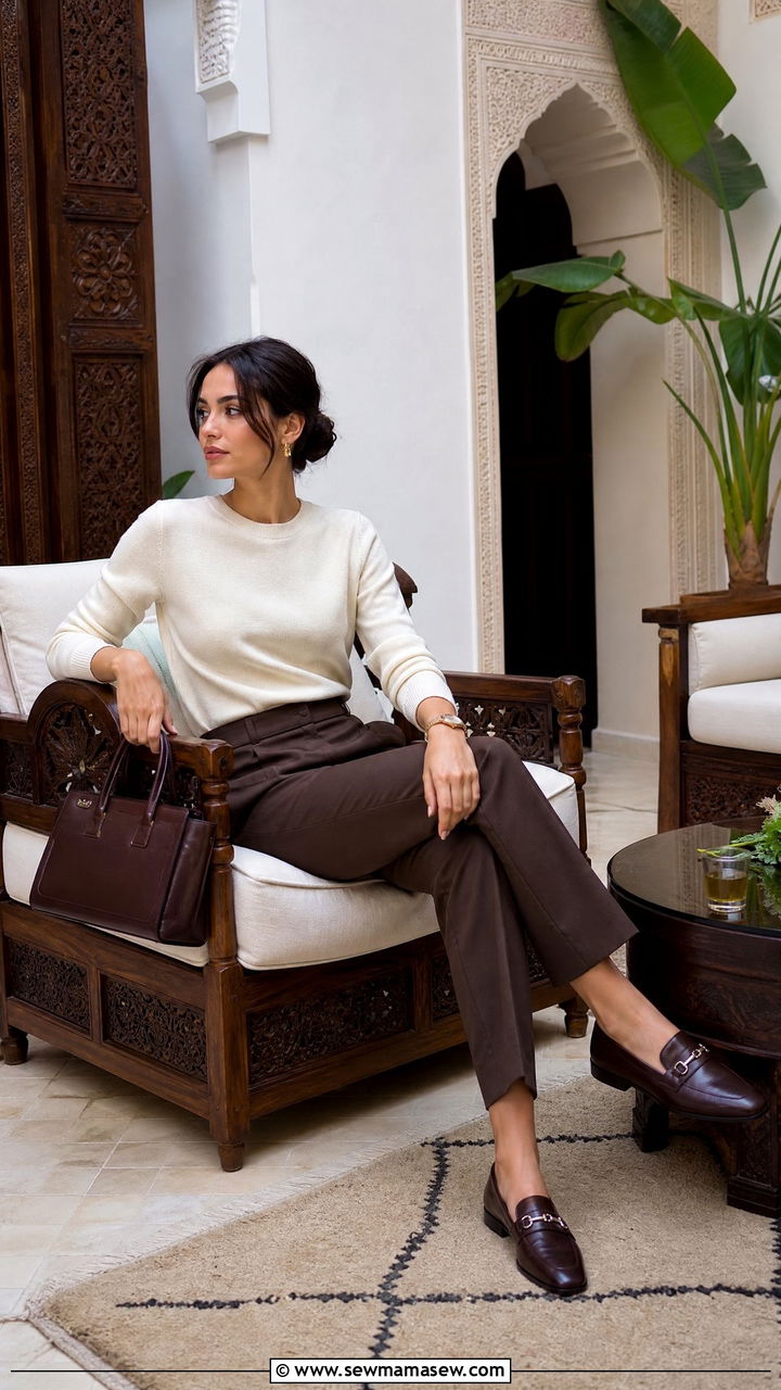 Cream knit top with tailored trousers - 25 Fes outfit ideas