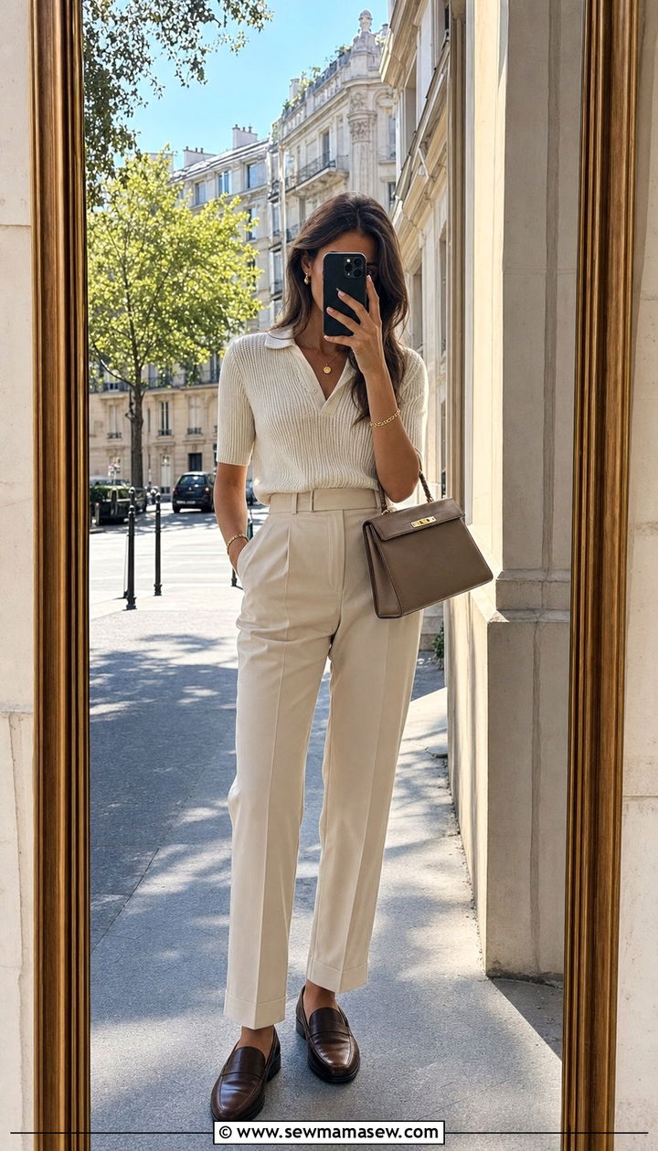 Cream knit top with tailored trousers and loafers - 25 Sofia Richie spring outfit ideas