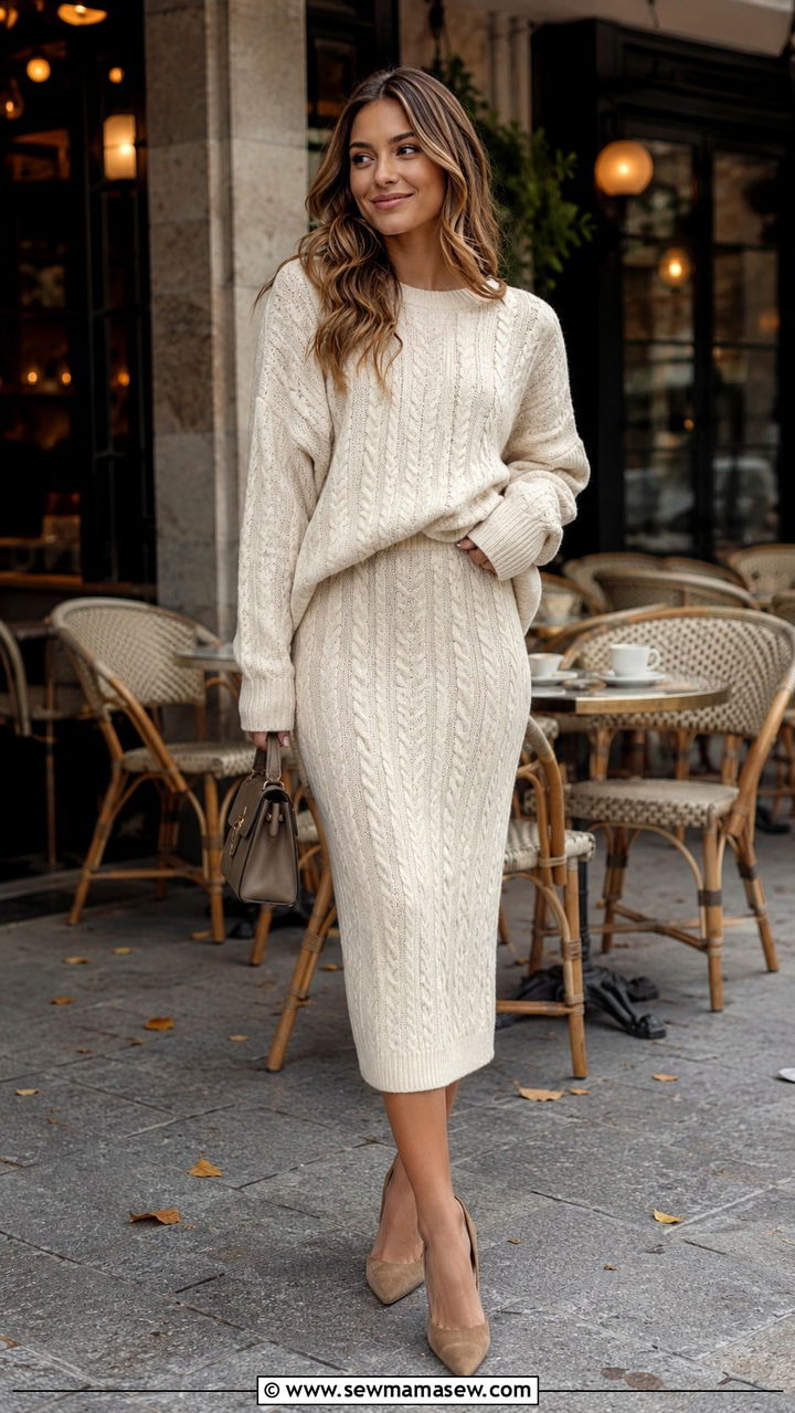 Cream knit two piece and suede heels outfit - 20 Quiet luxury outfit ideas Kate Middleton