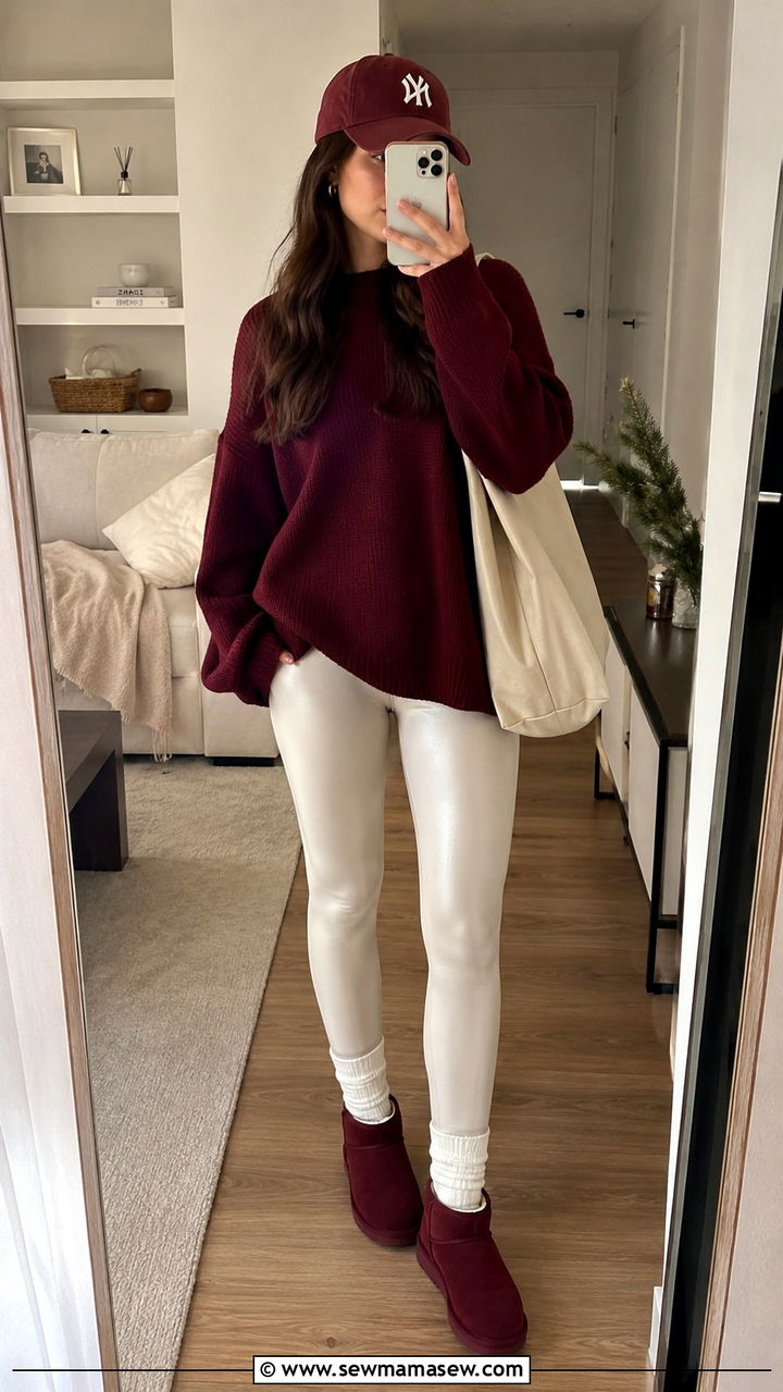 Cream leggings with burgundy oversized sweater outfit - 30 Burgundy and cream outfit ideas