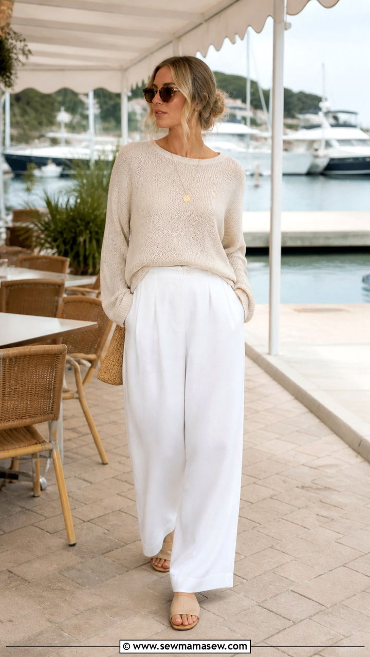 Cream lightweight knit sweater with white wide leg trousers - 40 Coastal spring outfits