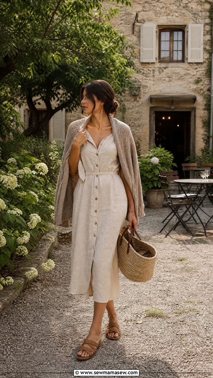 Cream linen dress with chunky knit cardigan dark academia outfit - 30 Dark academia summer outfits