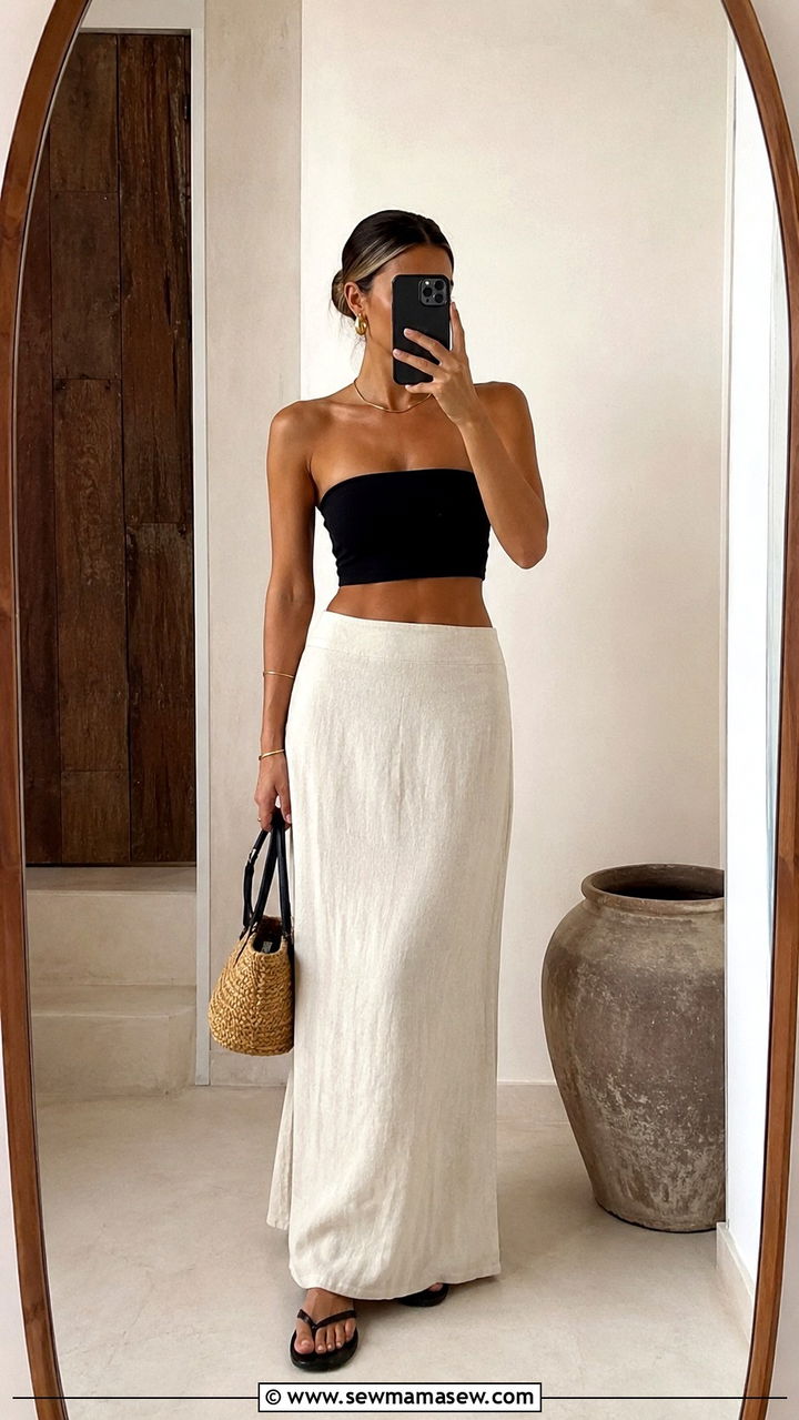Cream linen maxi skirt with a black bandeau top - 25 Riviera outfit ideas