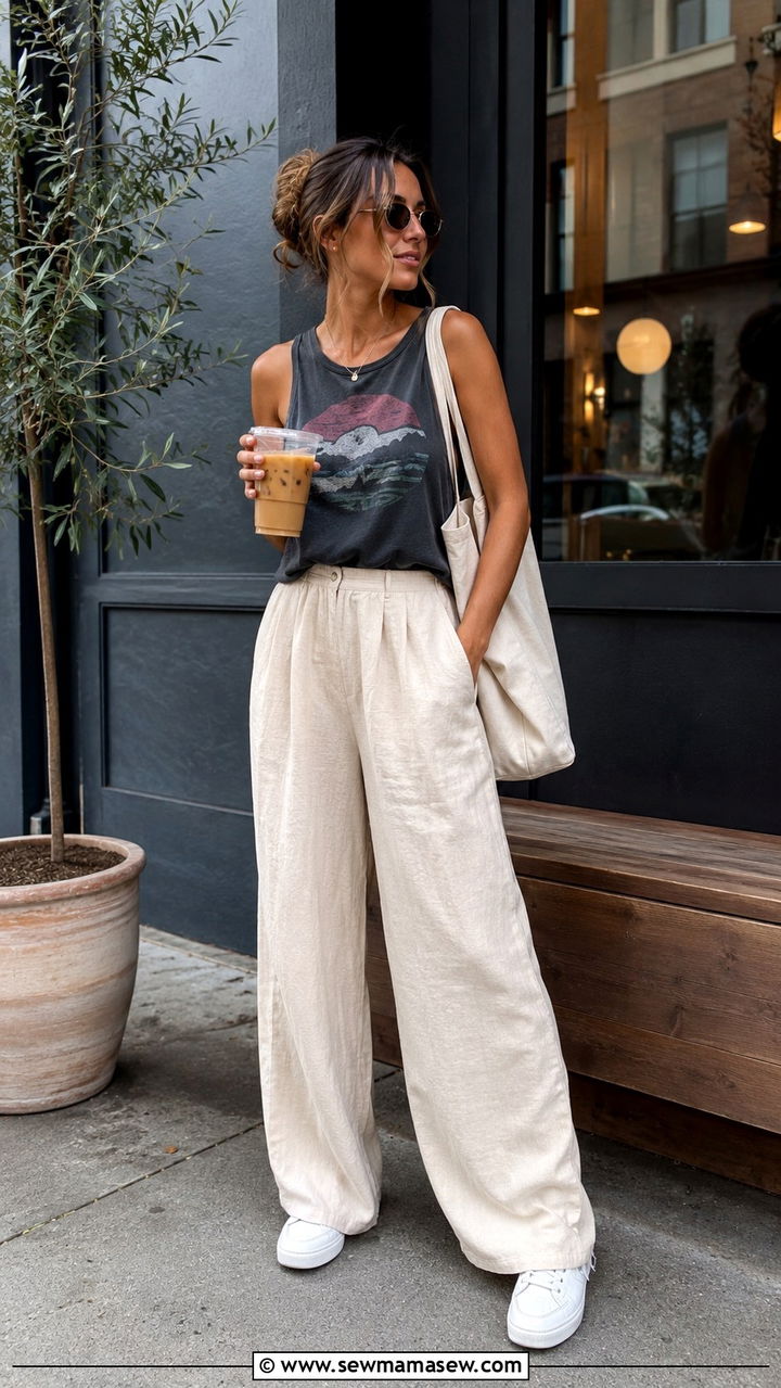 Cream linen pants with graphic tank top - 30 Linen pants outfit ideas with a tank top