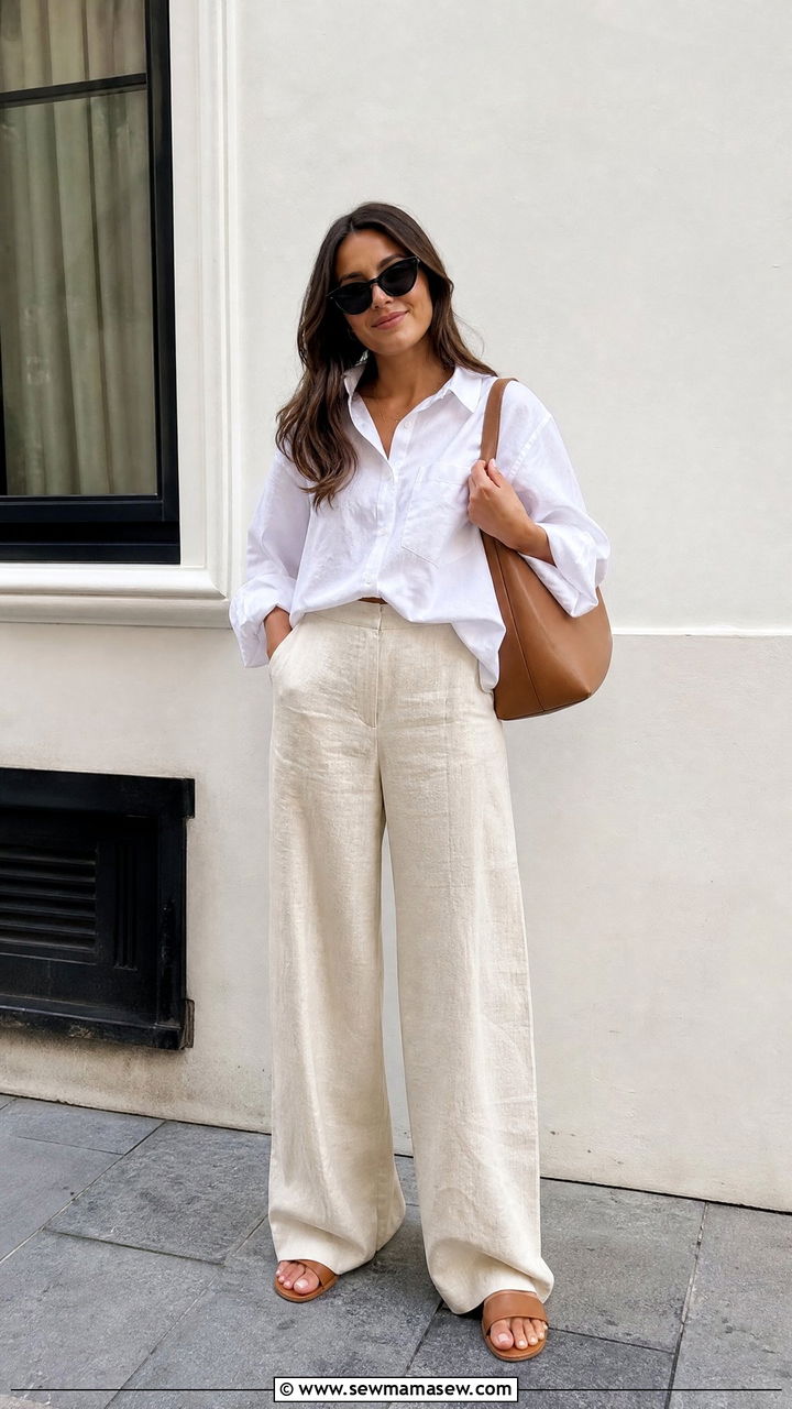 Cream linen pants with oversized button down and leather slides - 25 How to style linen pants in summer