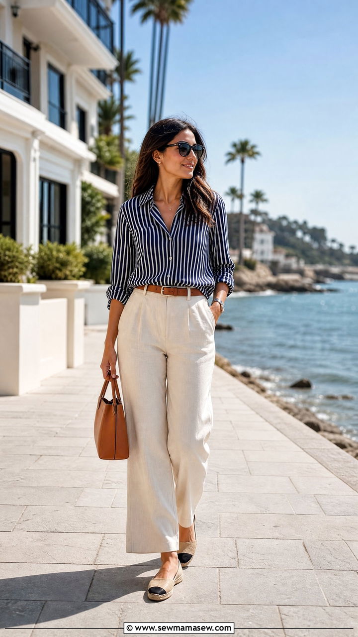 Cream linen trousers with navy striped button down outfit - 30 Summer outfit ideas for realtor