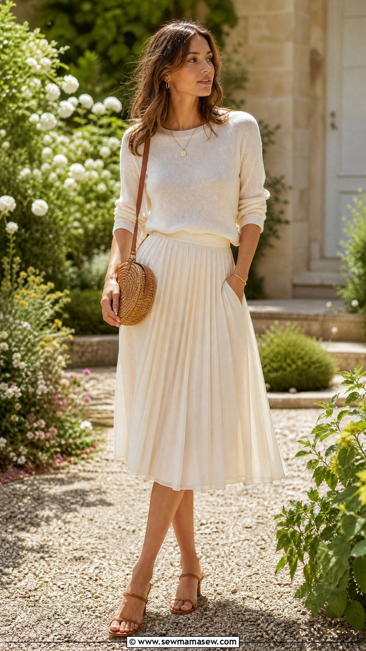 Cream midi skirt with lightweight cashmere top - 25 Quiet luxury outfit ideas spring 2026