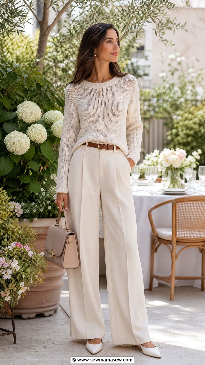 Cream monochrome knit top and trousers - 25 Outfit ideas to look taller
