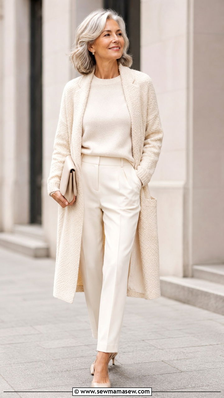 Cream monochrome outfit over 50 - 30 Midsize outfits for women over 50