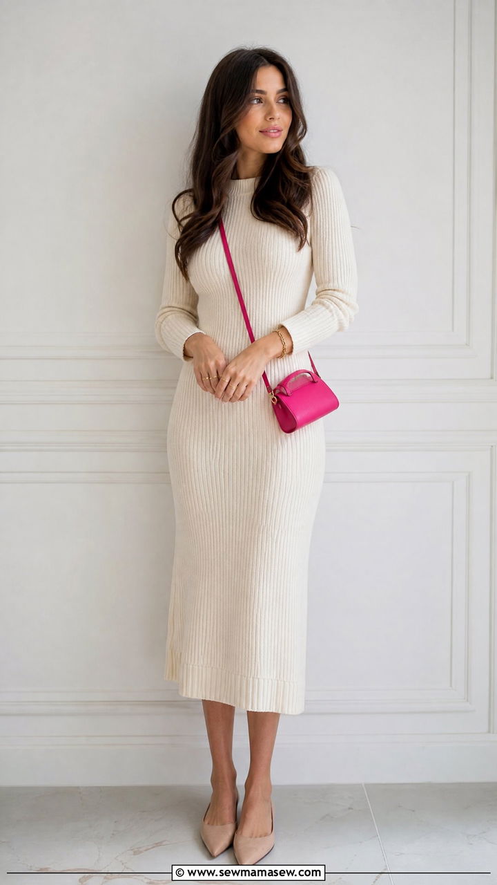 Cream monochrome outfit with bright pink bag - 20 spring outfits with color pop bag
