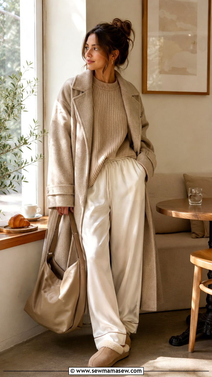 Cream pajama style pants with cozy knit and shearling shoes - 25 Scandinavian cozy outfit ideas