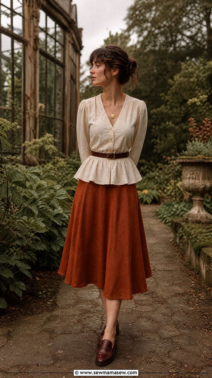 Cream peplum blouse and midi skirt outfit - 30 dark academia outfits ideas