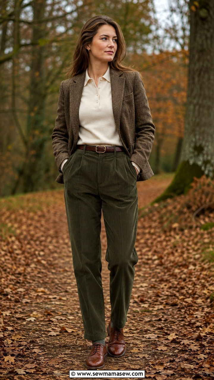 Cream polo with tweed jacket and corduroy trousers - 25 Old money outfit ideas with polo