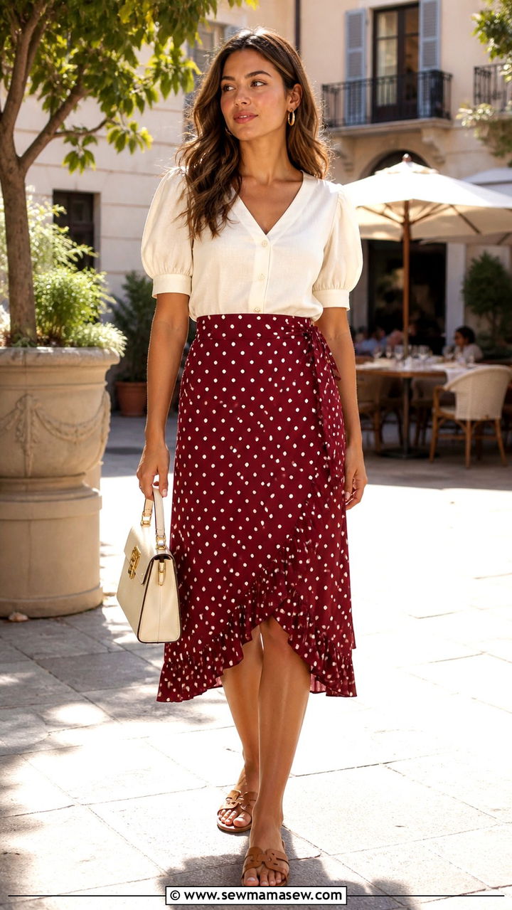Cream puff sleeve blouse with burgundy wrap skirt - 40 Summer Italy outfit ideas