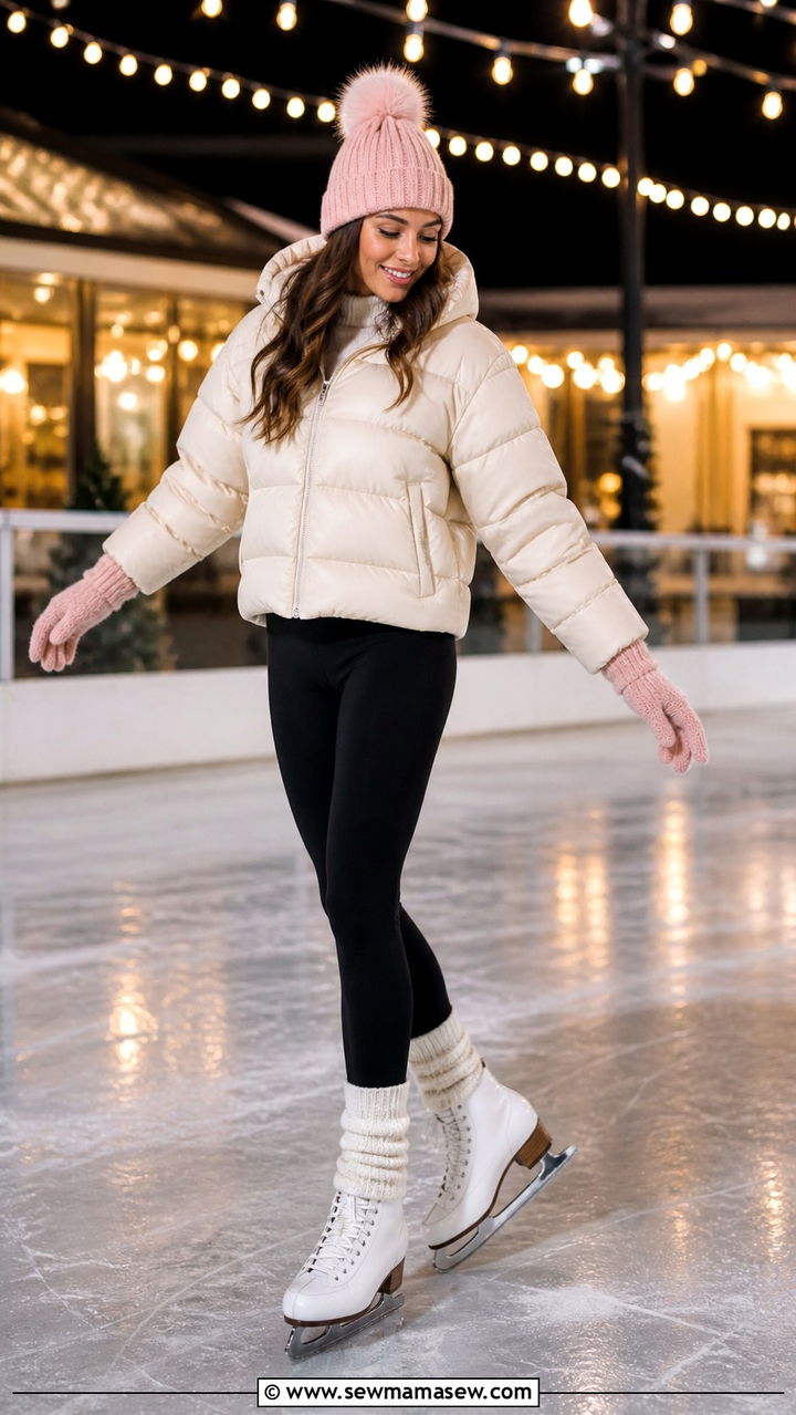Cream puffer jacket pink beanie and black leggings skating outfit - 40 Ice skating outfit ideas