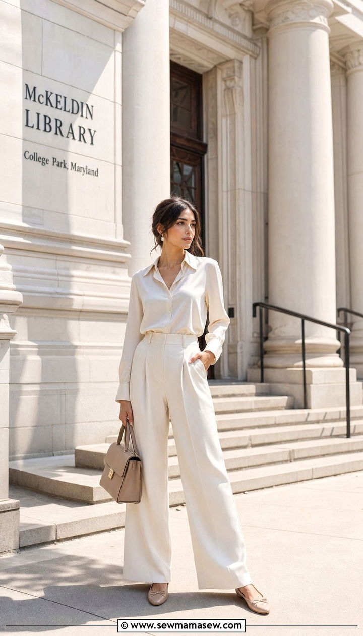 Cream silk blouse and wide leg trousers - 25 Clean girl outfit ideas for college