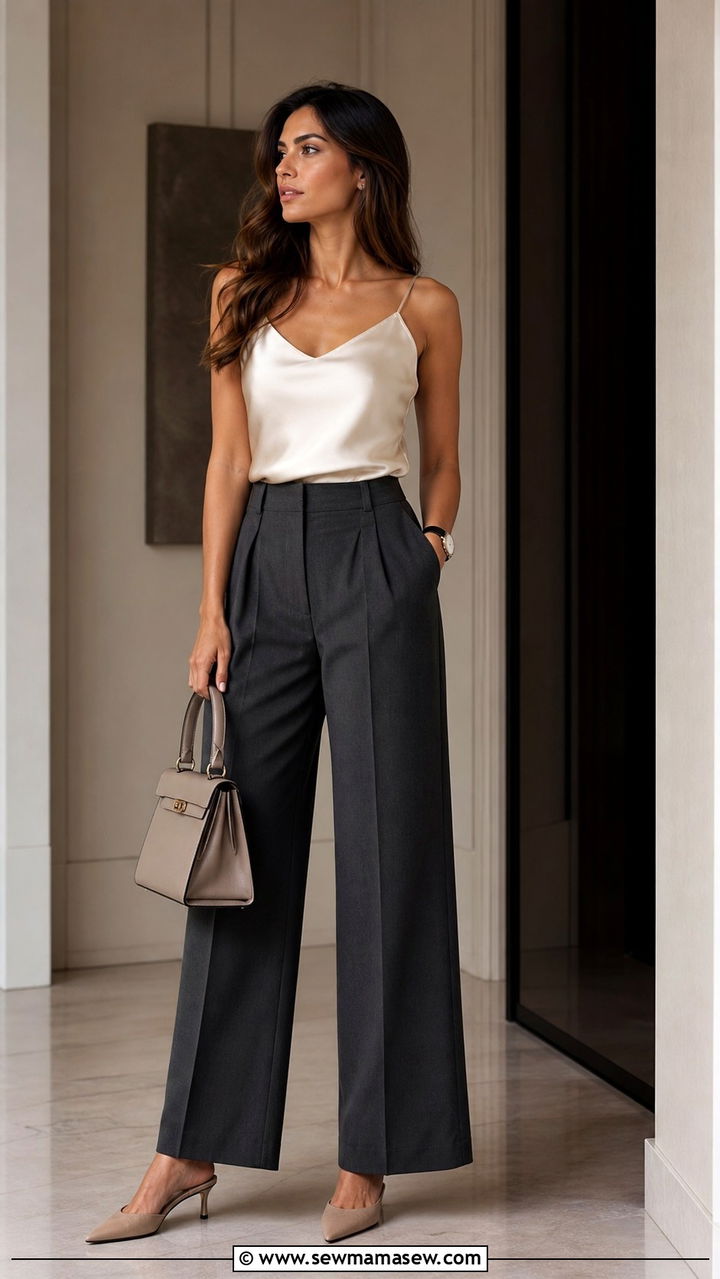 Cream silk cami and tailored trousers outfit - 40 Spring style ideas