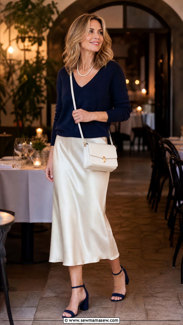 Cream silk midi slip skirt with a navy cashmere V neck - 30 Elevated casual outfit ideas for women over 40