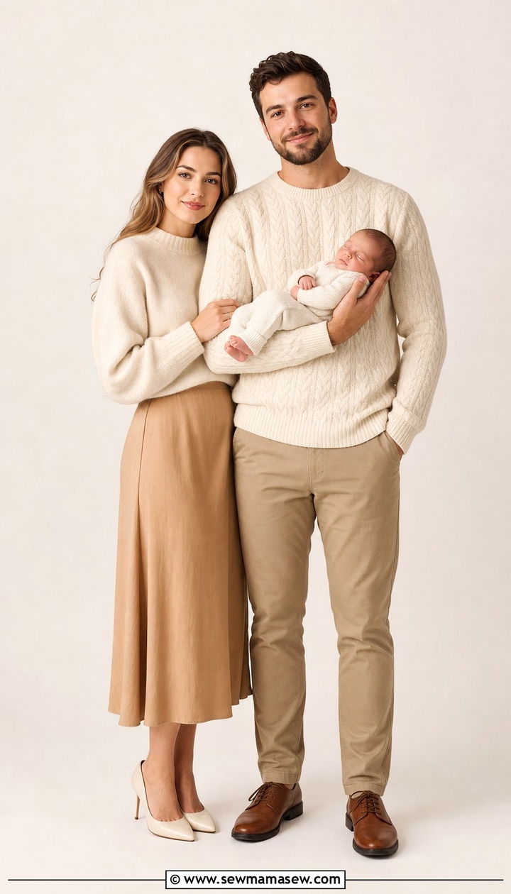 Cream sweater and chinos family outfit for newborn photos - 25 Family photo outfit ideas with newborn