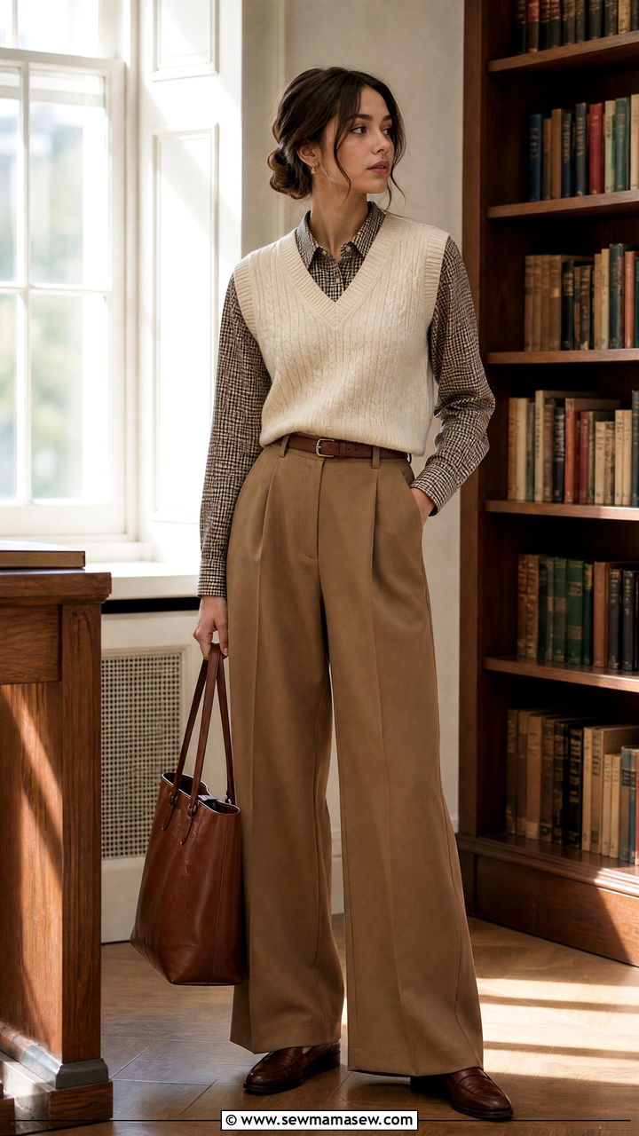 Cream sweater vest and wide leg trousers outfit - 30 dark academia outfits ideas