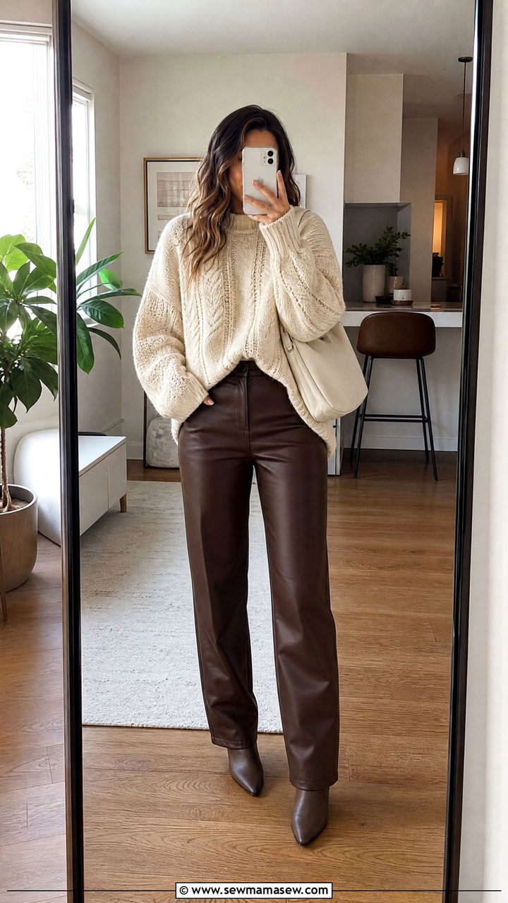 Cream sweater with brown leather pants outfit - 30 Brown and cream outfit ideas