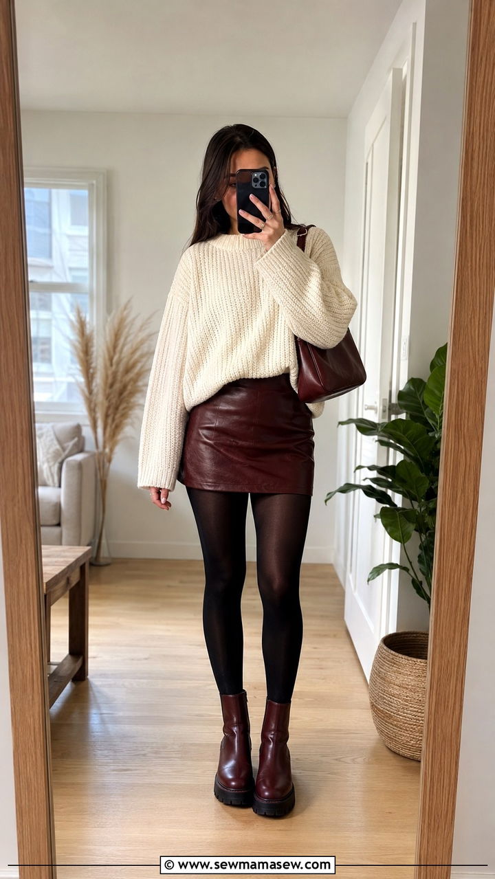 Cream sweater with burgundy mini skirt outfit - 30 Burgundy and cream outfit ideas