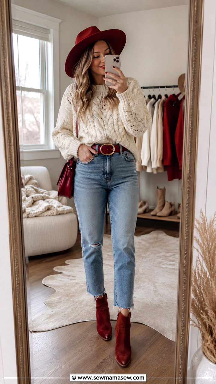 Cream sweater with crimson accessories and jeans - 20 Gameday outfit ideas Oklahoma