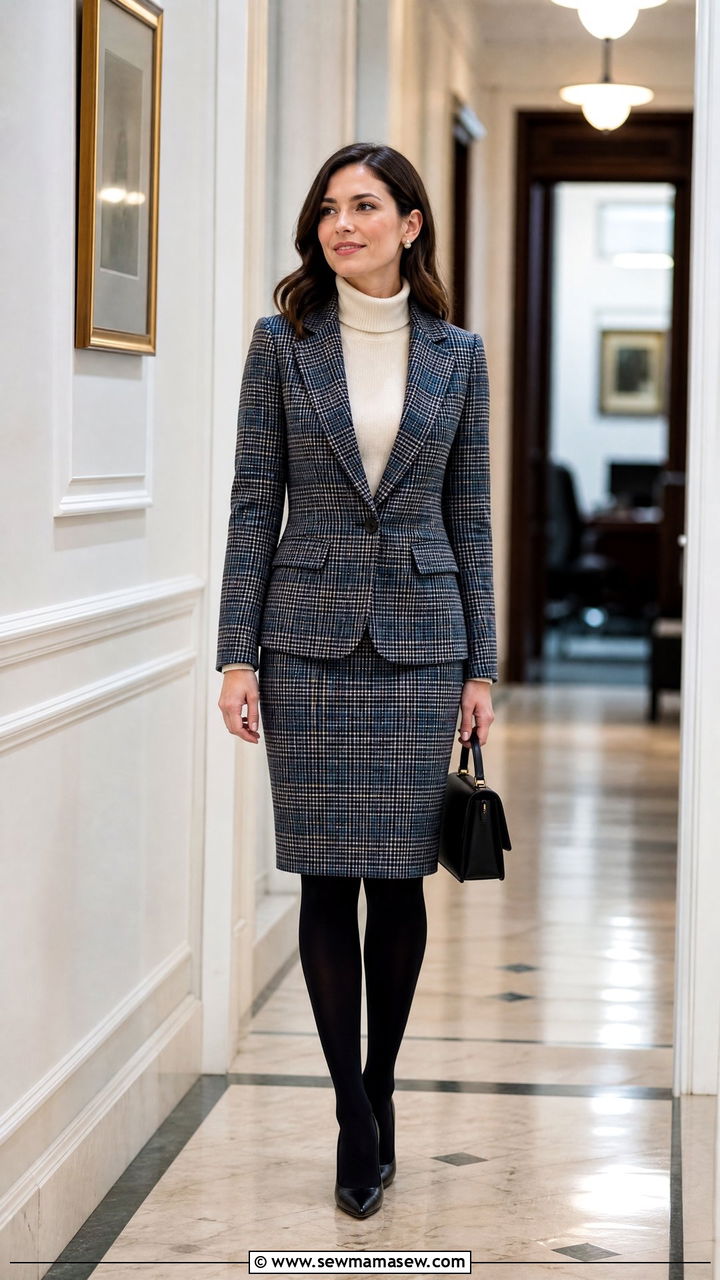Cream turtleneck plaid blazer skirt set - 25 Business casual outfits with turtleneck