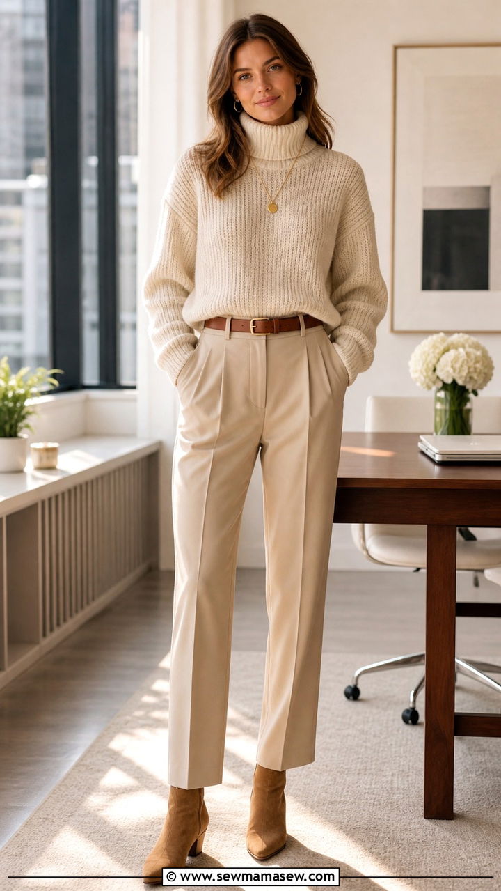 Cream turtleneck with beige tailored trousers - 40 Chic work outfit ideas