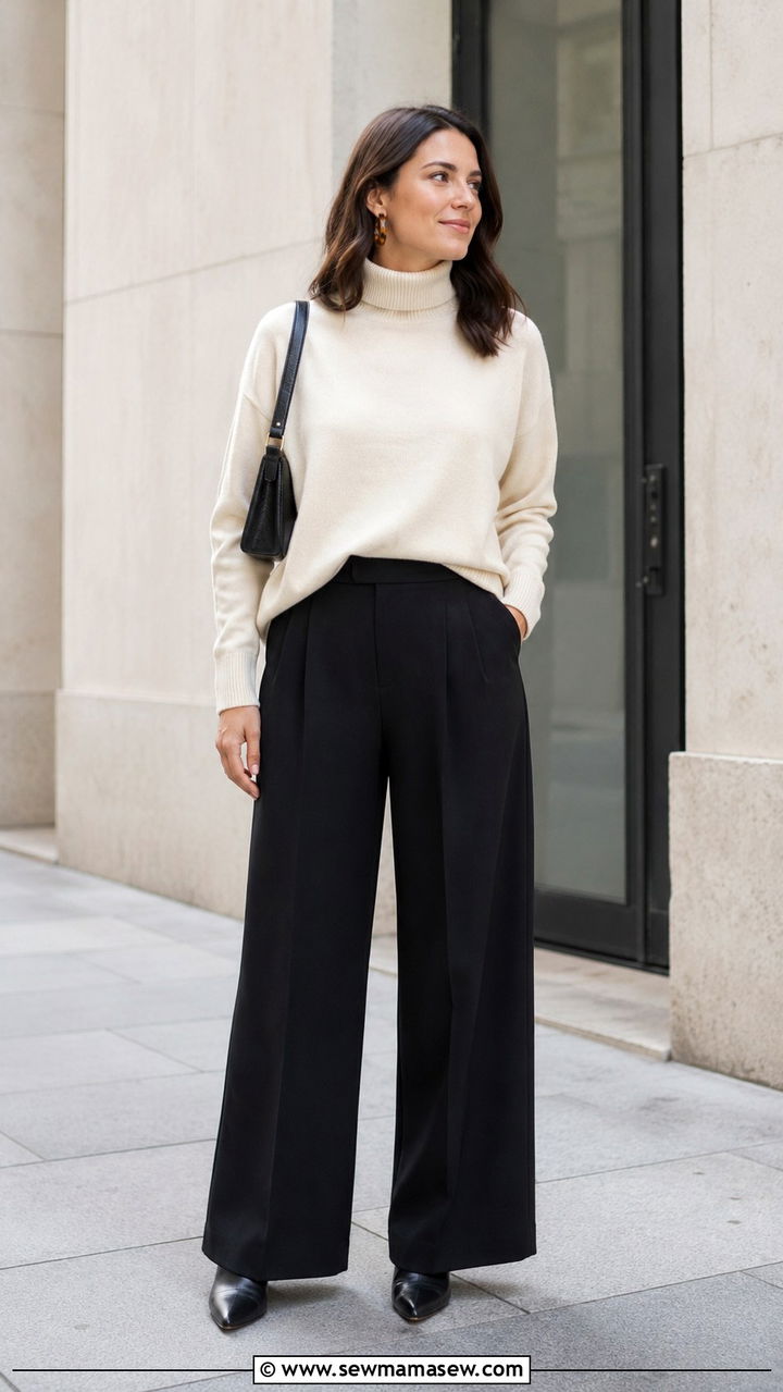 Cream turtleneck with black wide leg pants spring outfit - 30 Spring outfits with turtleneck