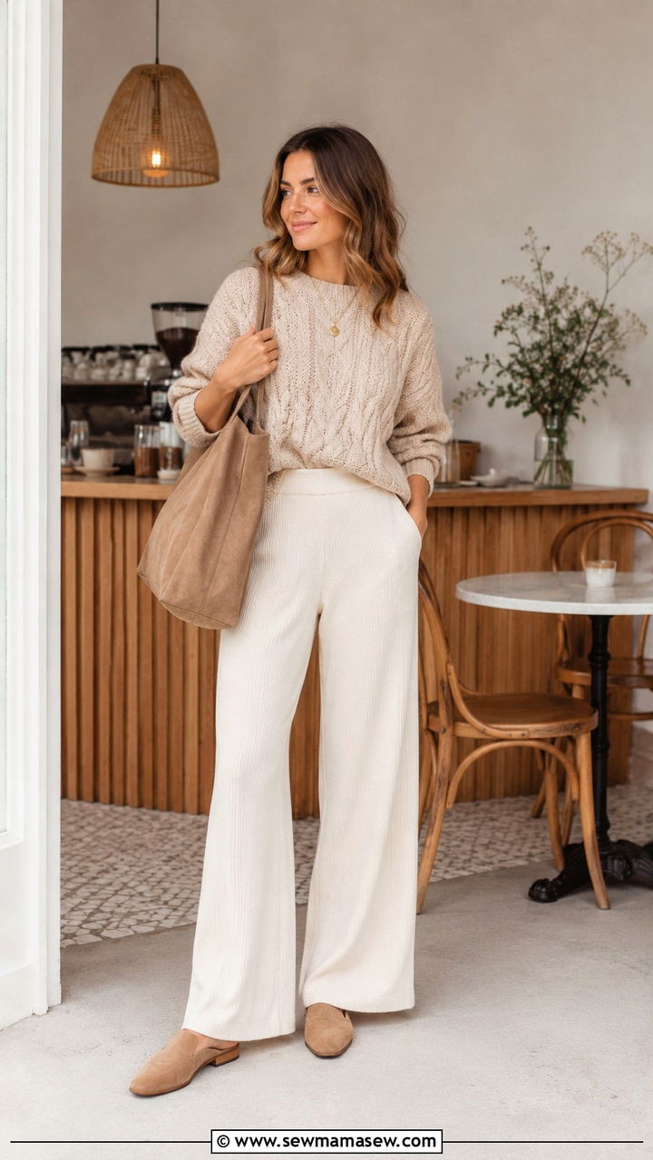 Cream wide leg pants with chunky knit sweater - 30 spring wide leg pants outfit ideas