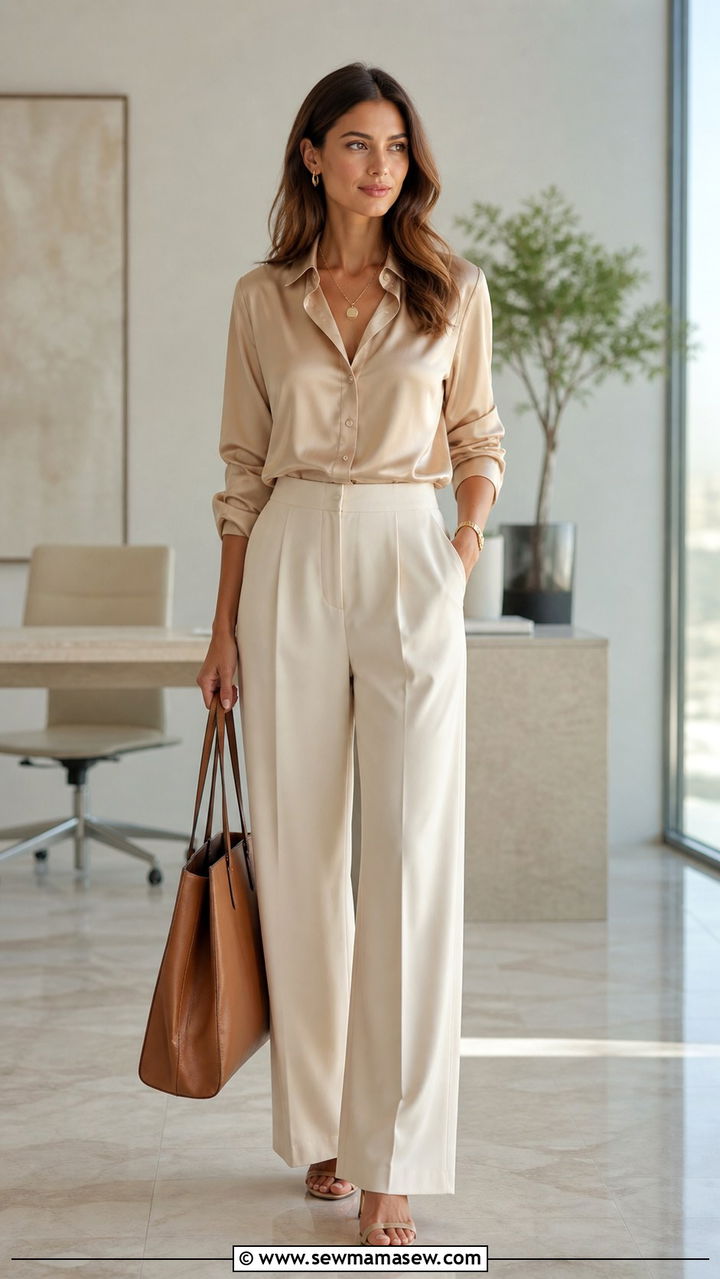 Cream wide leg trousers with silk blouse - 40 classy office outfits