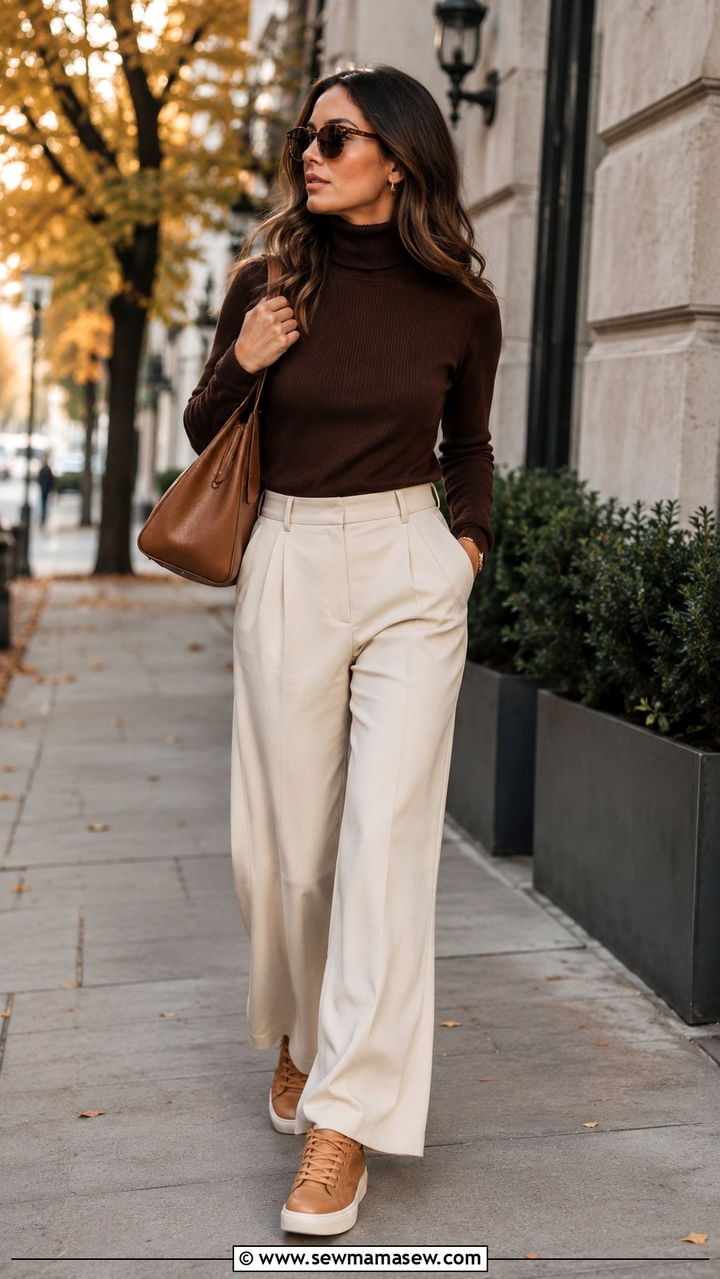 Cream wide leg trousers with tan sneakers outfit - 25 Wide leg pants outfit ideas with sneakers