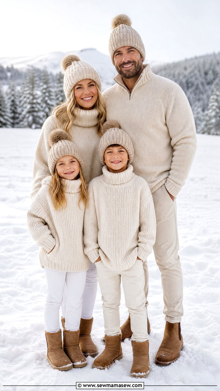 Creamy Beige Sweaters and Tan Chinos for Winter Snow Shots - 30 Family photoshoot outfit ideas